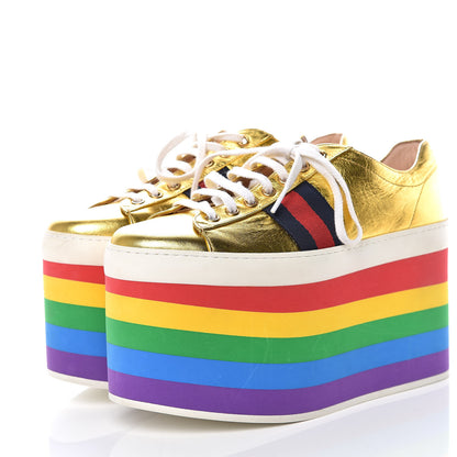 Gucci Metallic Nappa Peggy Platform Sneakers 38 Oro Vecchio 3 of 13