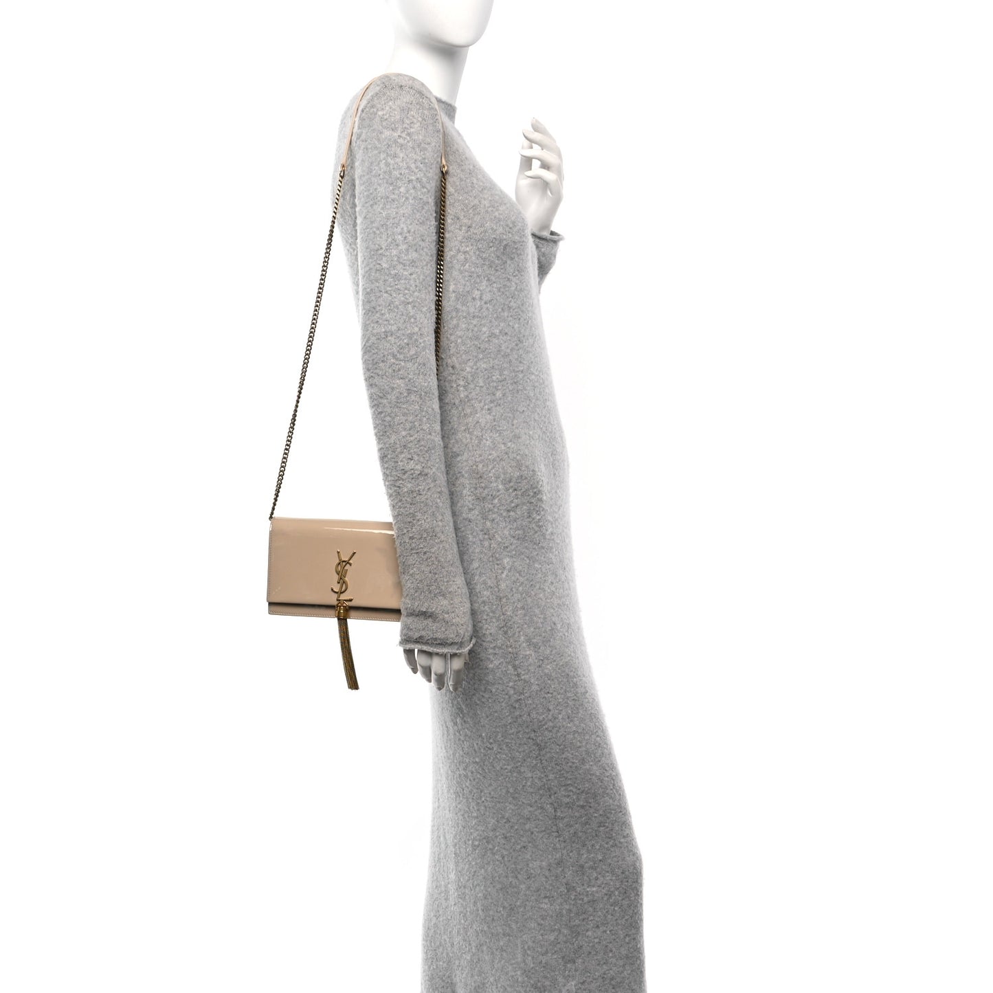 Patent Monogram Classic Kate Tassel Chain Wallet Dark Beige