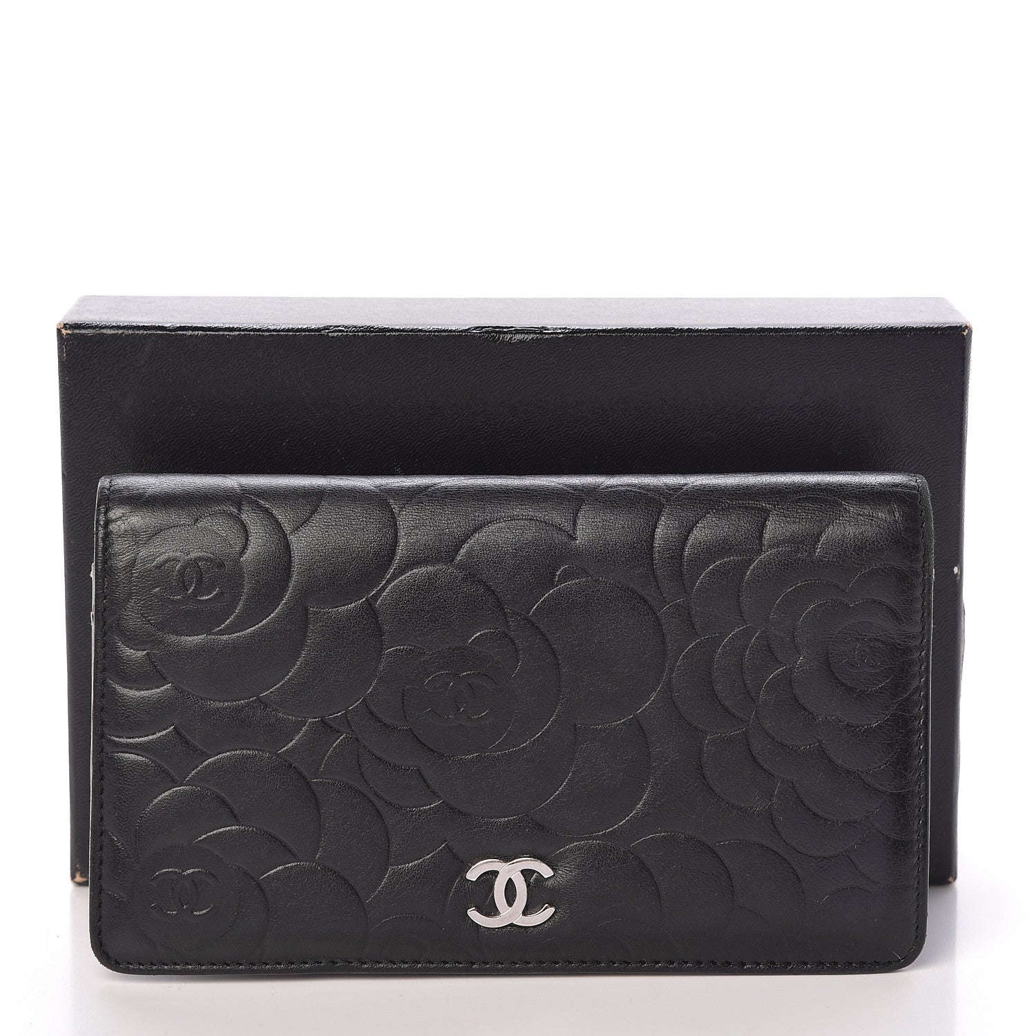 Chanel Lambskin Camellia Embossed Yen Wallet Black 15 of 15