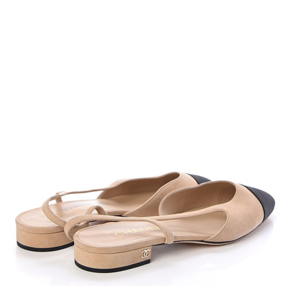 Chanel Kid Suede Satin Cap Toe CC Slingback Pumps 40.5 Beige Black 4 of 9