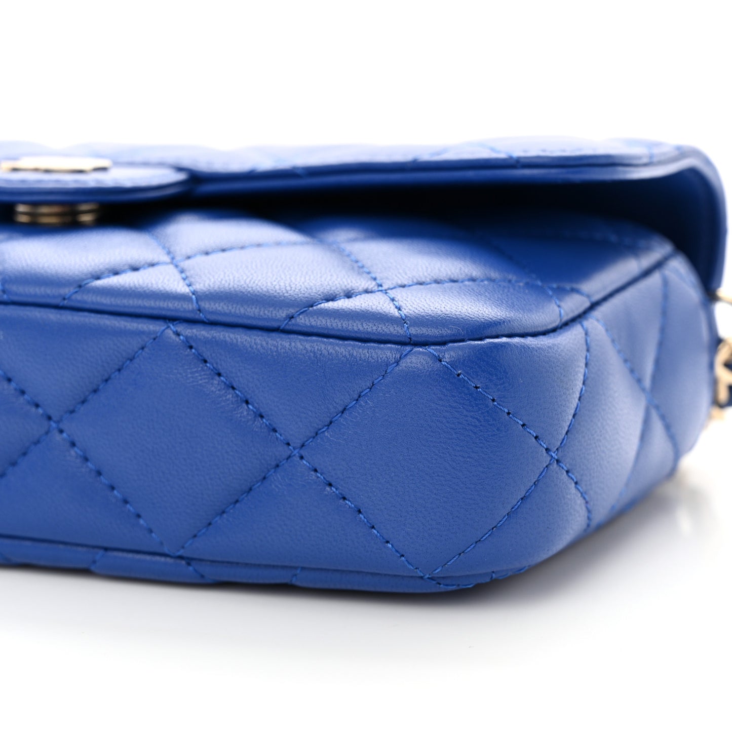 Lambskin Quilted Flap Phone Holder With Chain Blue