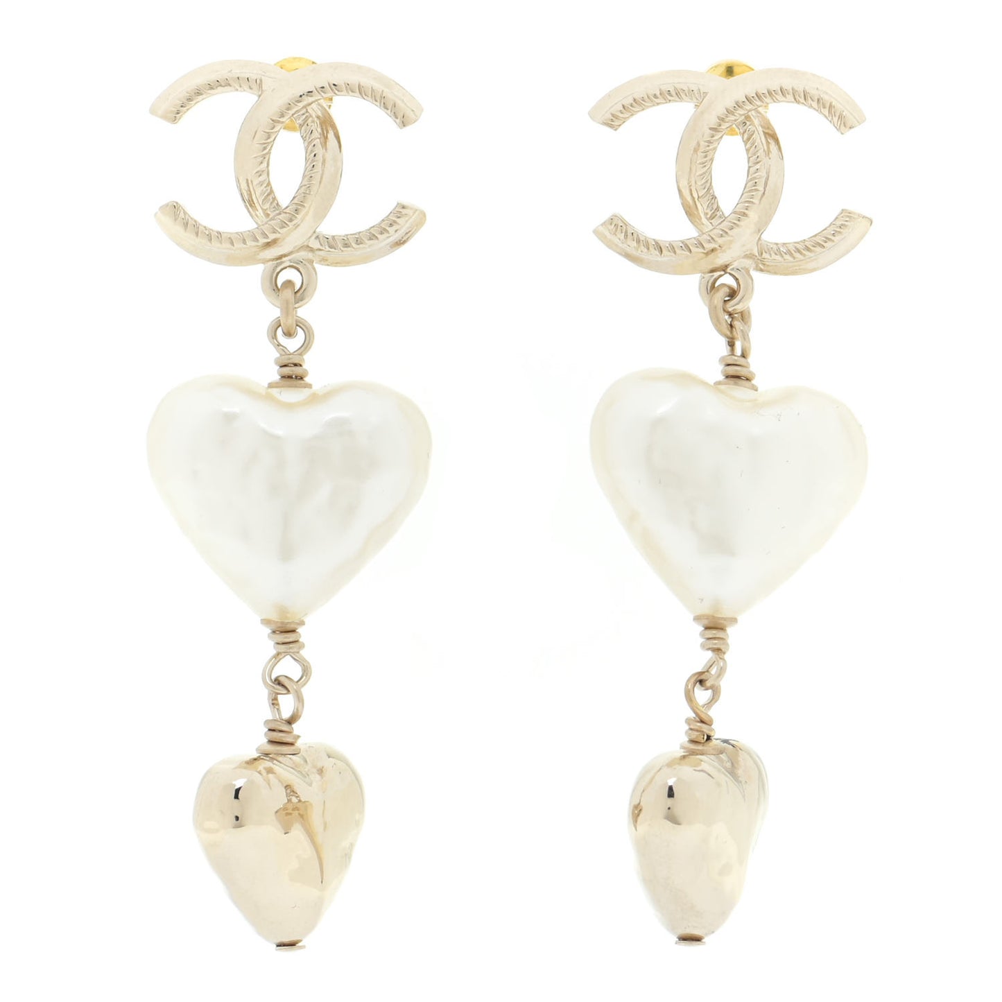 Pearl CC Double Heart Drop Earrings Gold