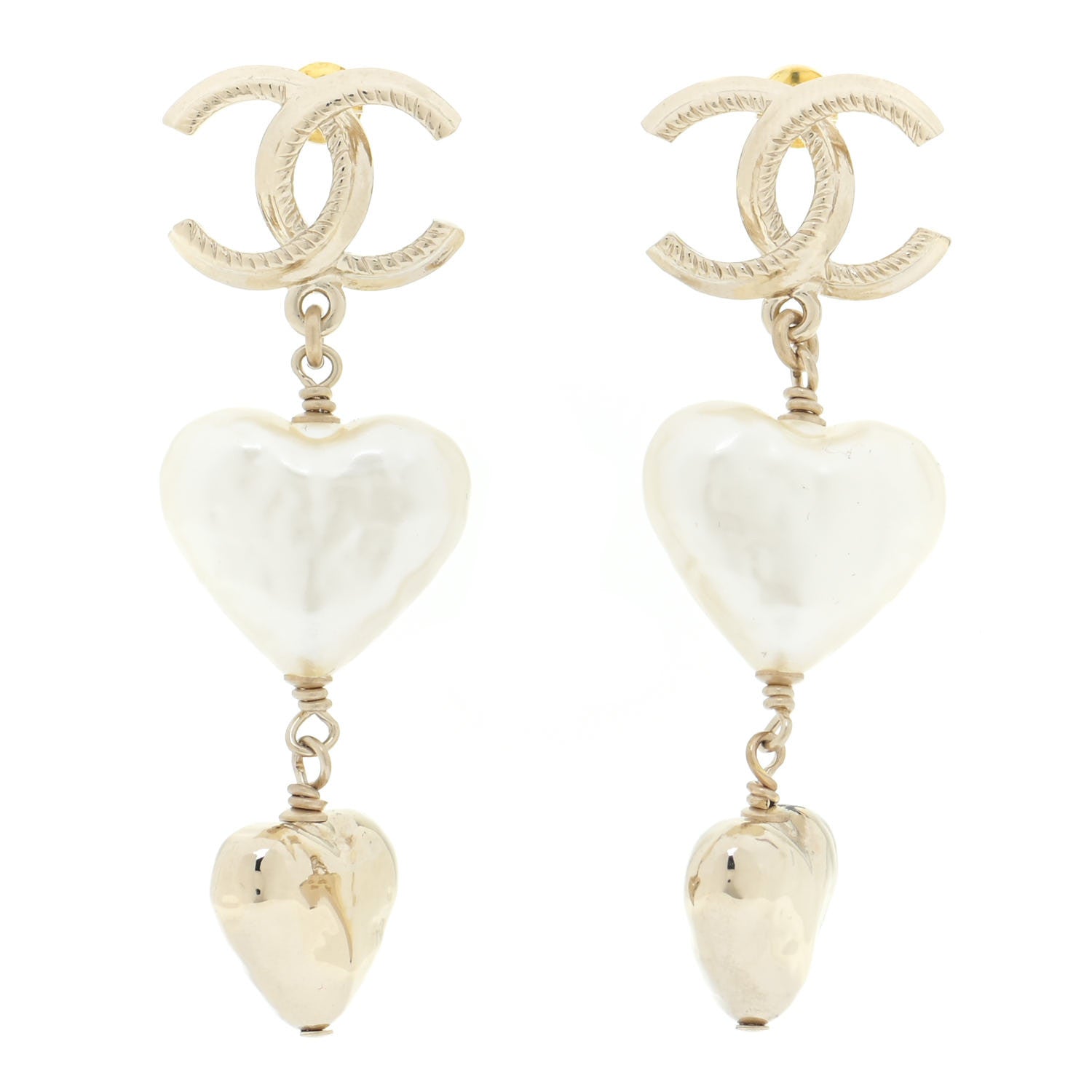Chanel Pearl CC Double Heart Drop Earrings Gold 1 of 6