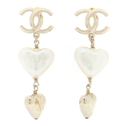 Chanel Pearl CC Double Heart Drop Earrings Gold 1 of 6