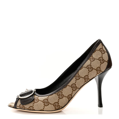 Gucci Monogram Horsebit Horsebit Open Toe Pumps 39 Brown 1 of 10