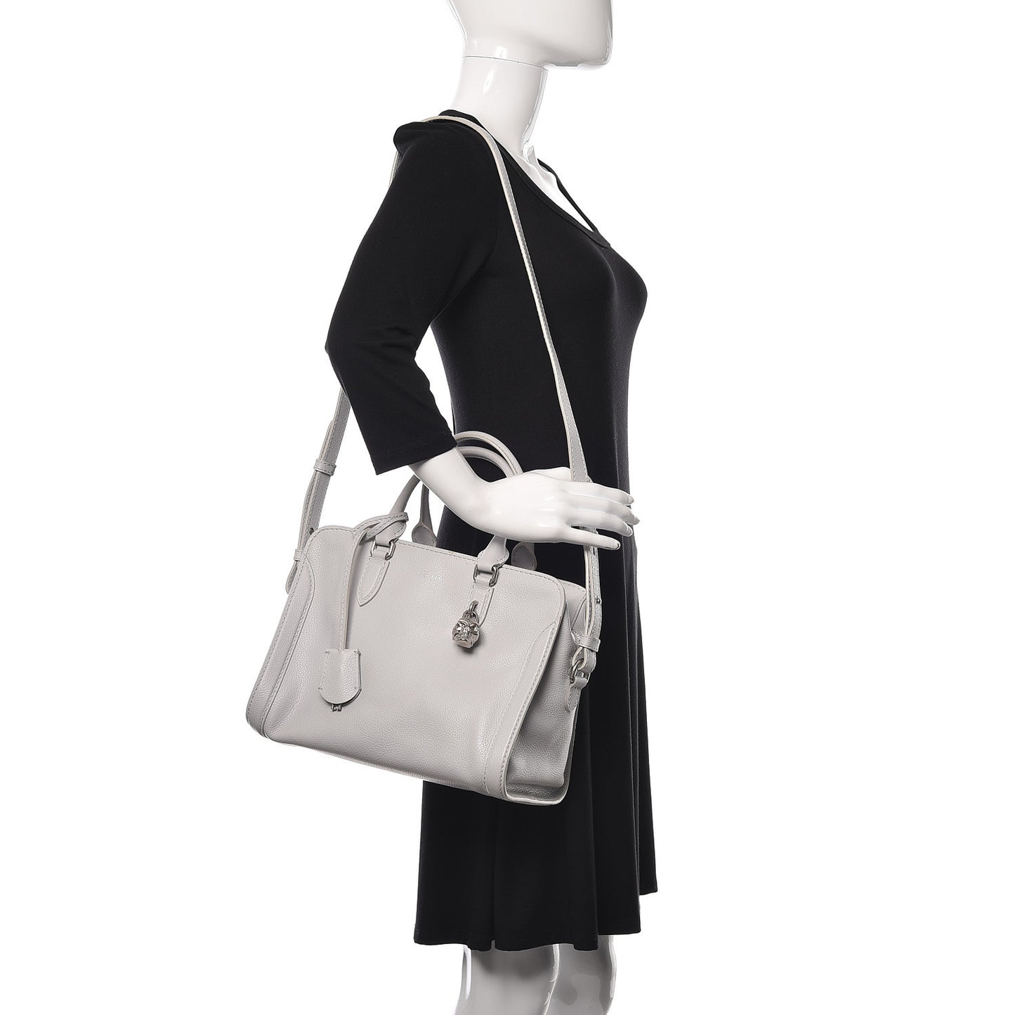 Pebbled Calfskin Small Skull Padlock Zip Around Tote Light Grey