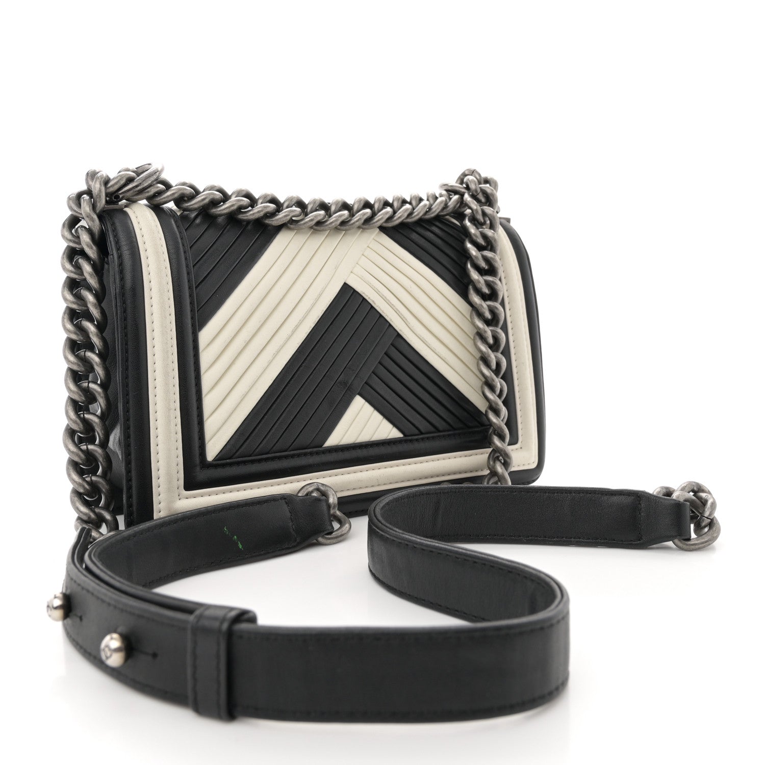 Chanel Calfskin Pleated Small Boy In Rome Flap Black White 3 of 15