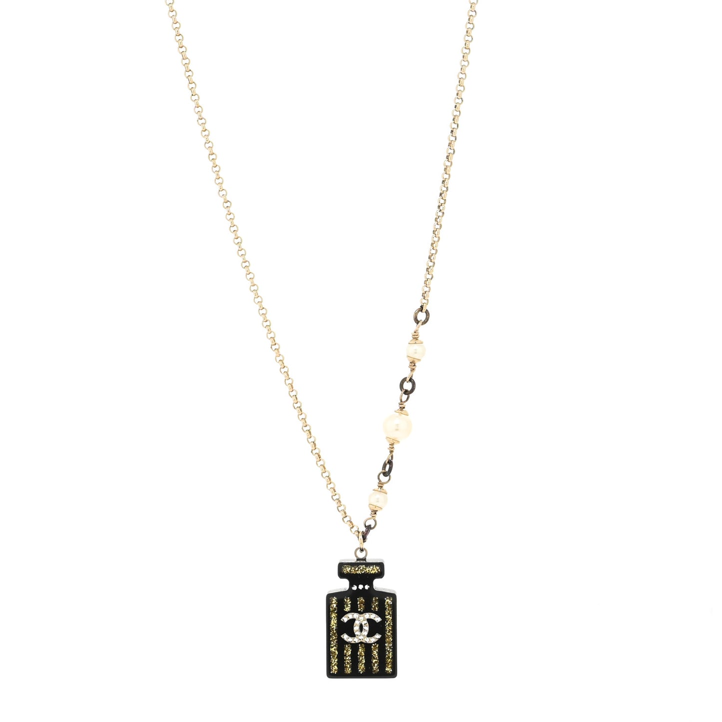 Resin Strass Perfume Bottle CC Necklace Black Gold