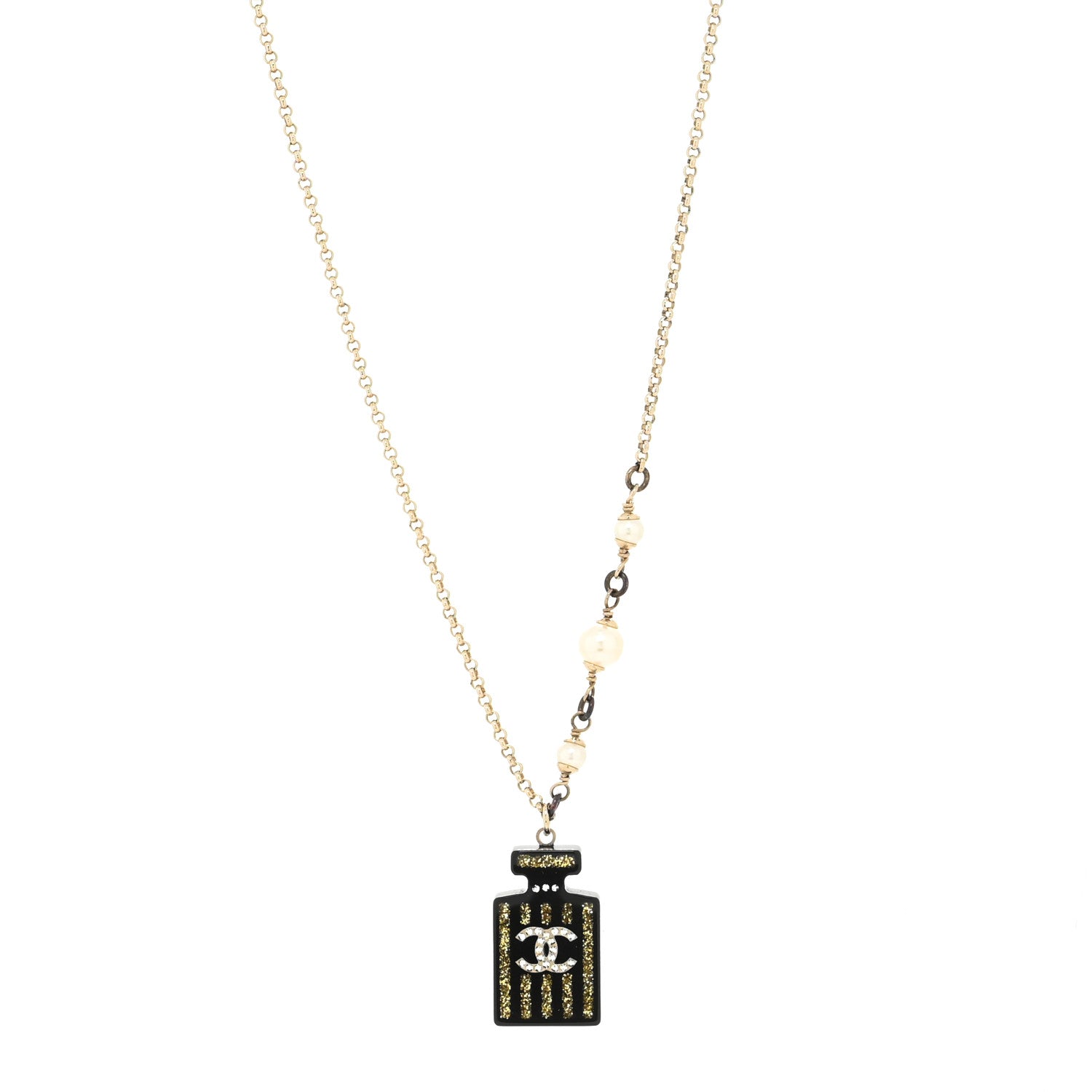 Chanel Resin Strass Perfume Bottle CC Necklace Black Gold 1 of 3