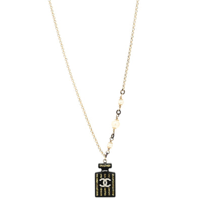 Chanel Resin Strass Perfume Bottle CC Necklace Black Gold 1 of 3