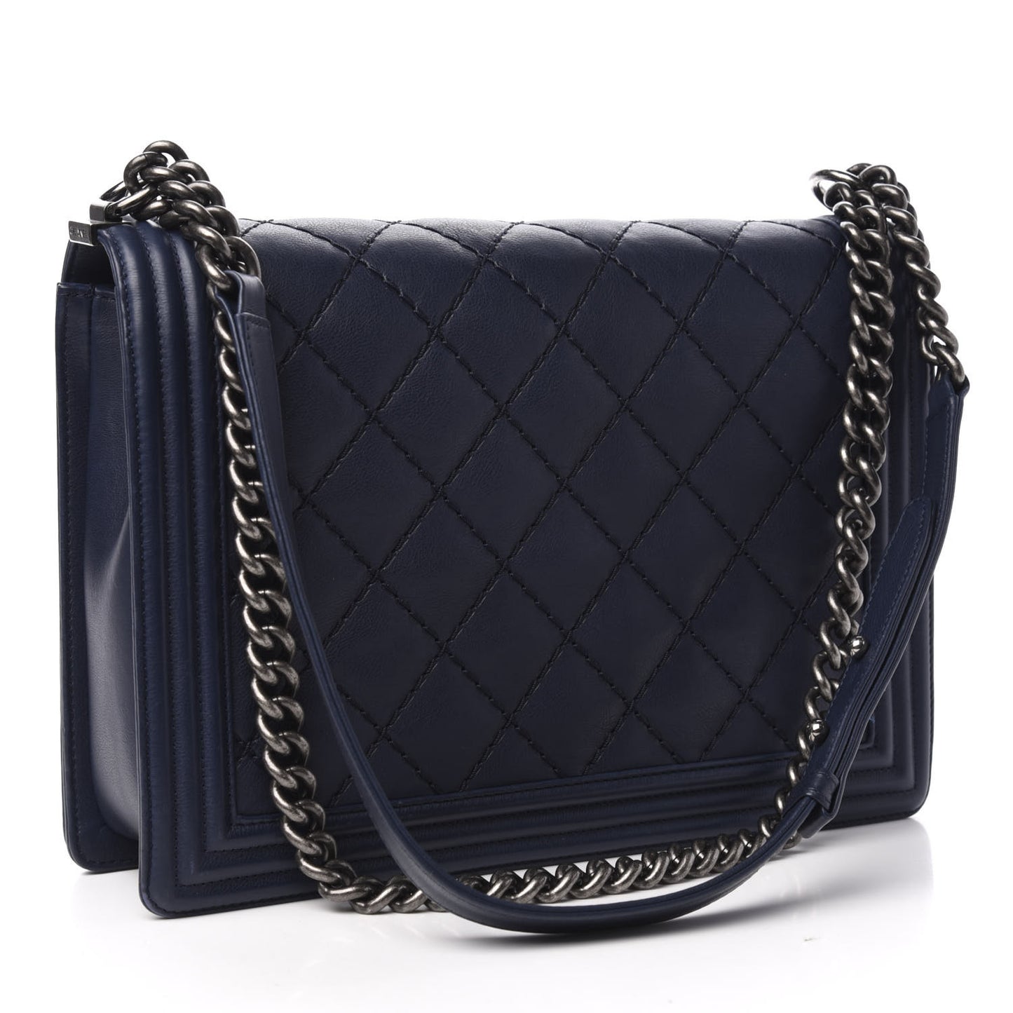 Calfskin Double Stitch Large Boy Flap Navy Blue