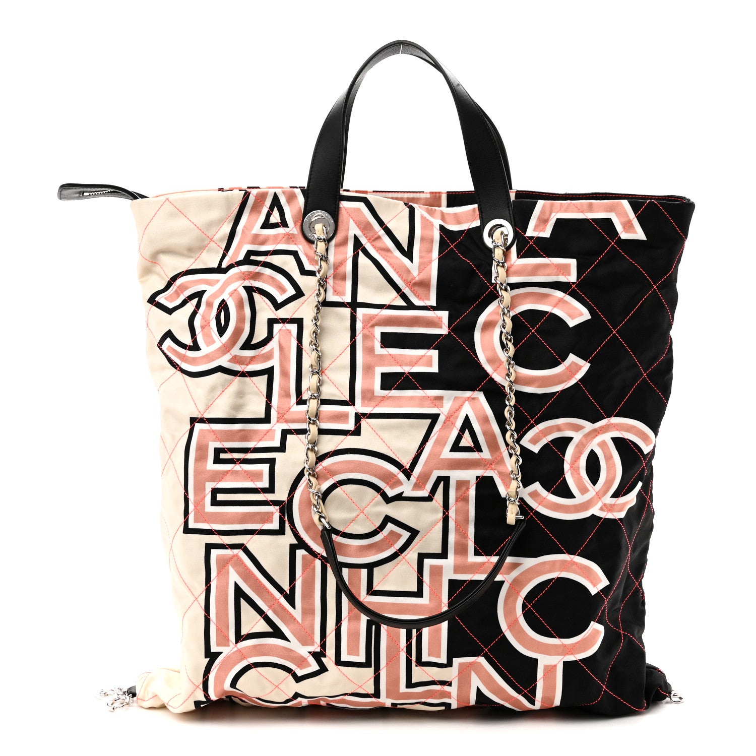 Chanel Nylon Stitched Printed Logo Shopping Bag Black White 1 of 10