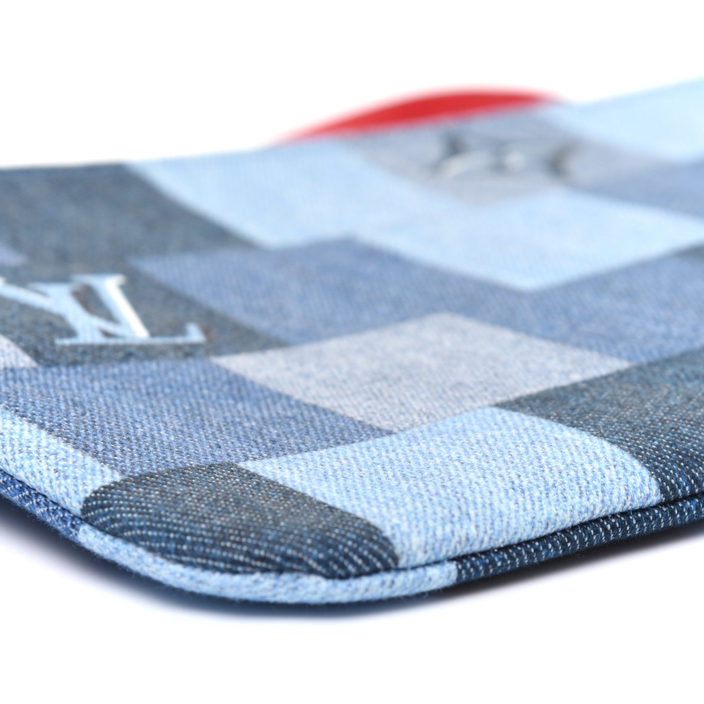 Denim Damier Monogram Patchwork Neverfull MM Pochette Blue Rouge