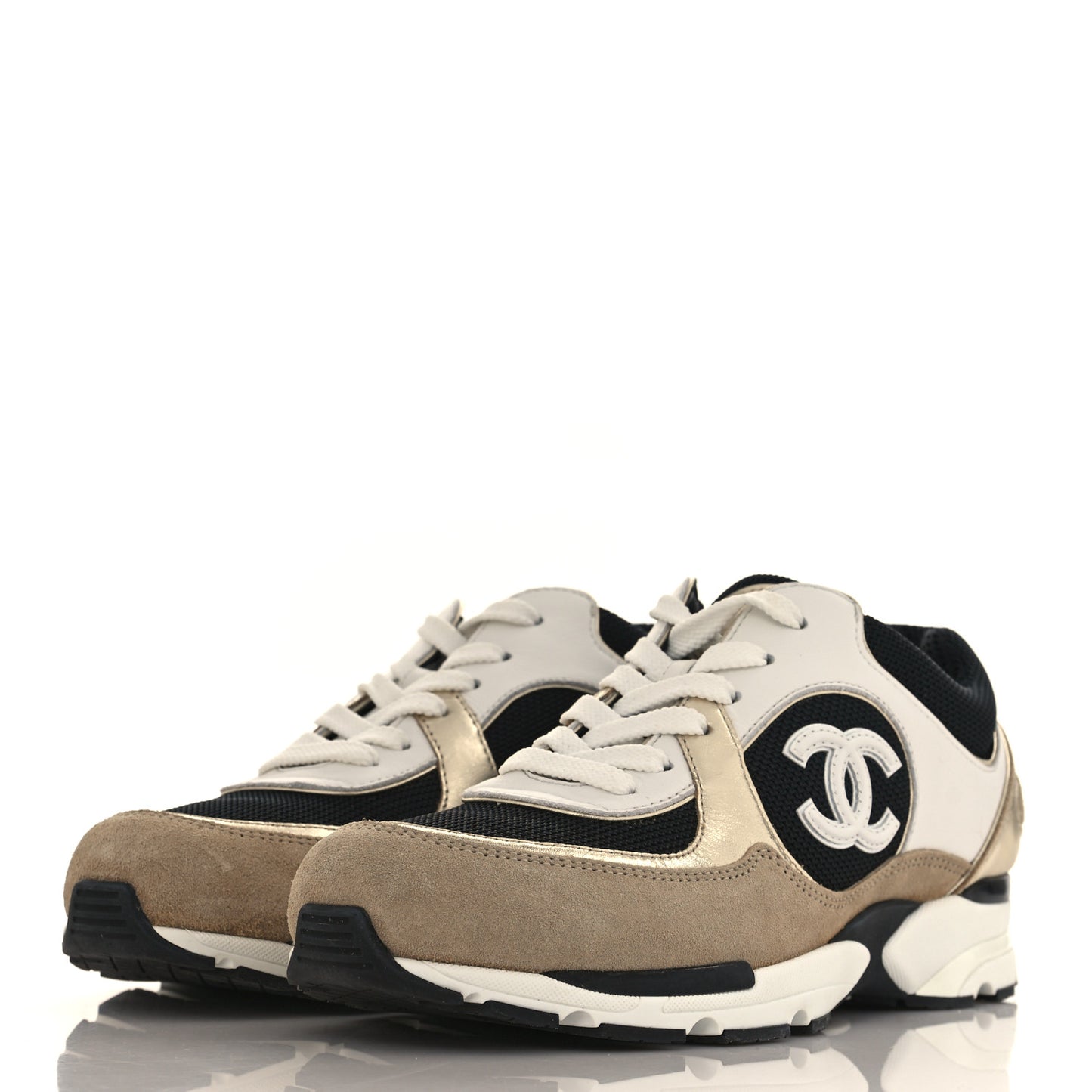 Mesh Suede Calfskin Womens CC Sneakers 38.5 White Black Beige Gold