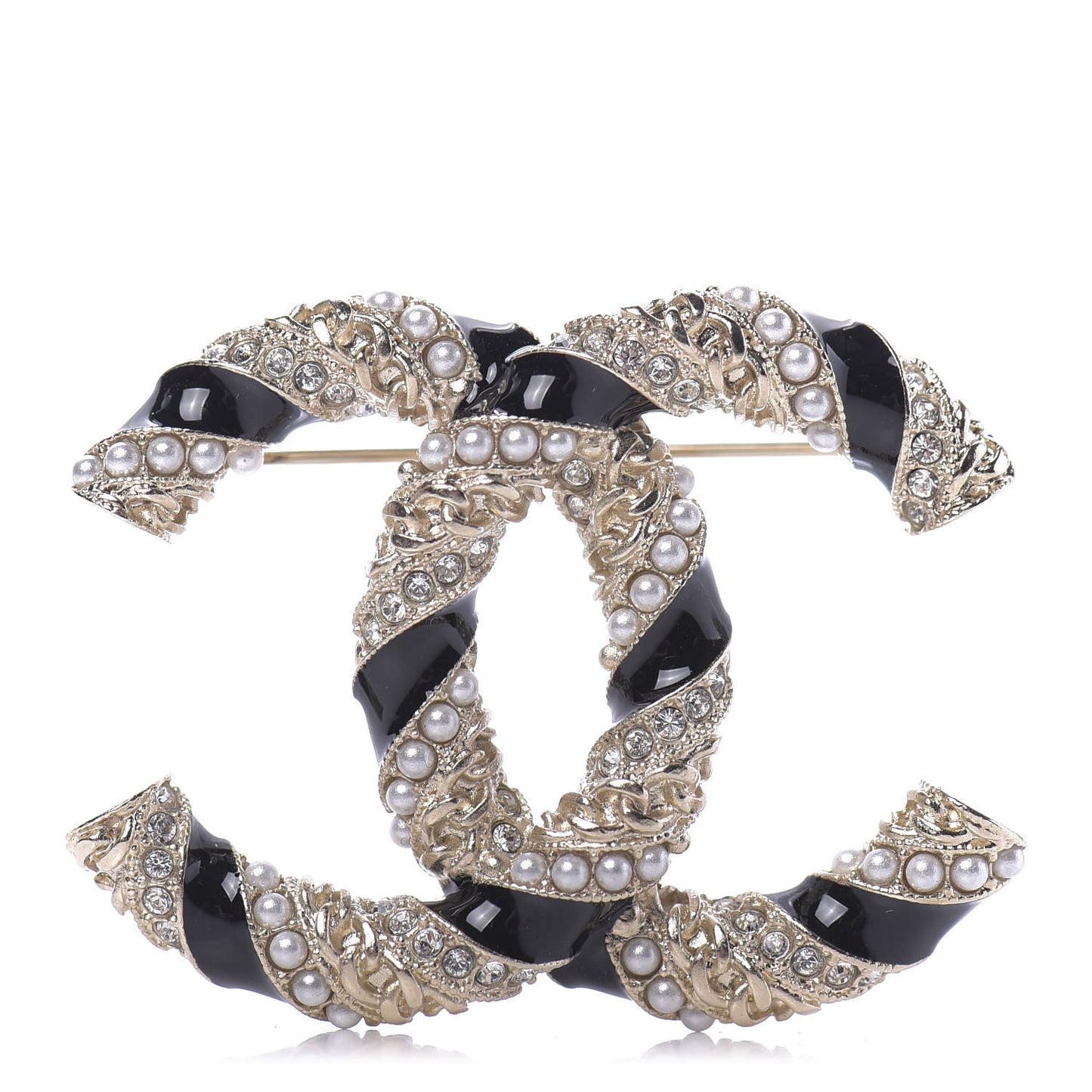 Pearl Crystal Enamel CC Brooch Black Gold