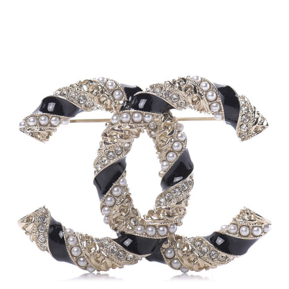Chanel Pearl Crystal Enamel CC Brooch Black Gold 1 of 5