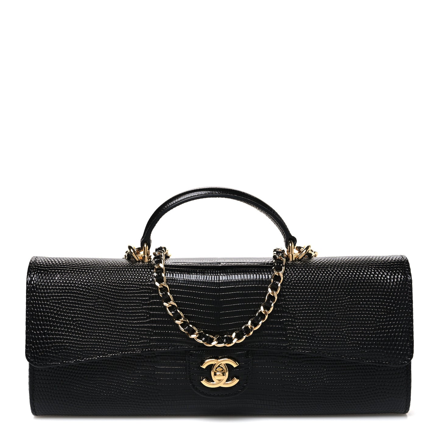Calfskin Lizard Embossed Top Handle Long Clutch With Chain Black