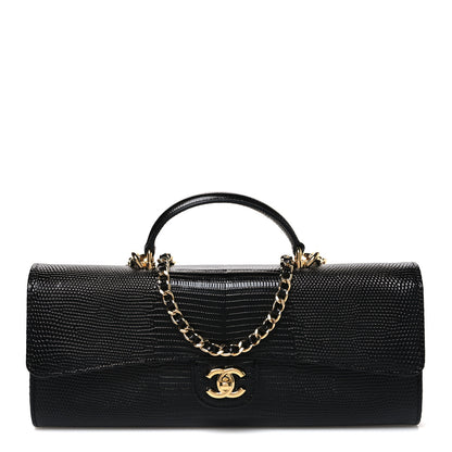 Chanel Calfskin Lizard Embossed Top Handle Long Clutch With Chain Black 1 of 12