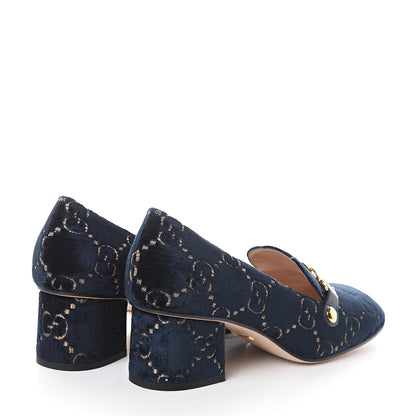 Gucci Velvet GG Monogram Sylvie Web Chain Mid Heel Loafers 40 Blue Beige 4 of 7