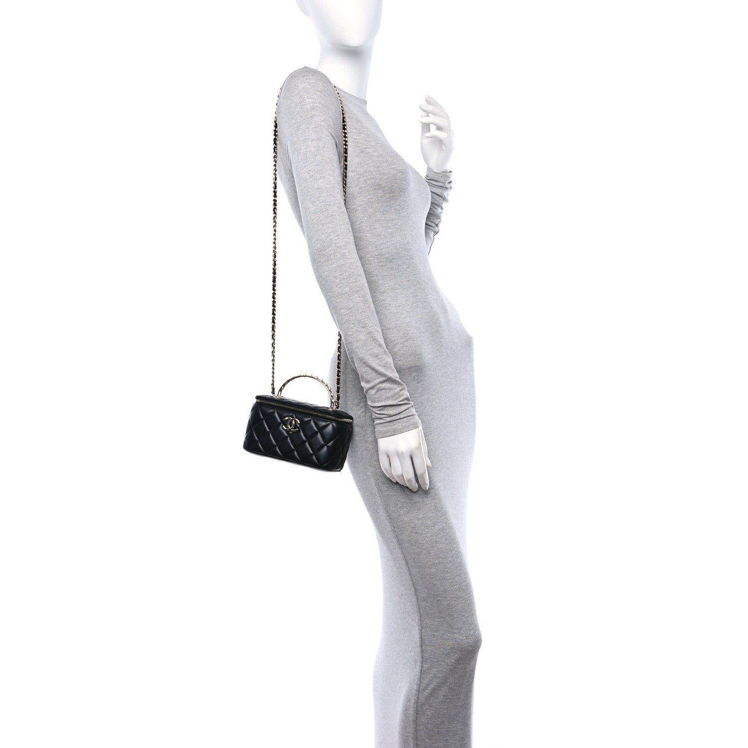 Chanel Lambskin Quilted Small Pearl Top Handle Vanity Case With Chain Black 2 of 10