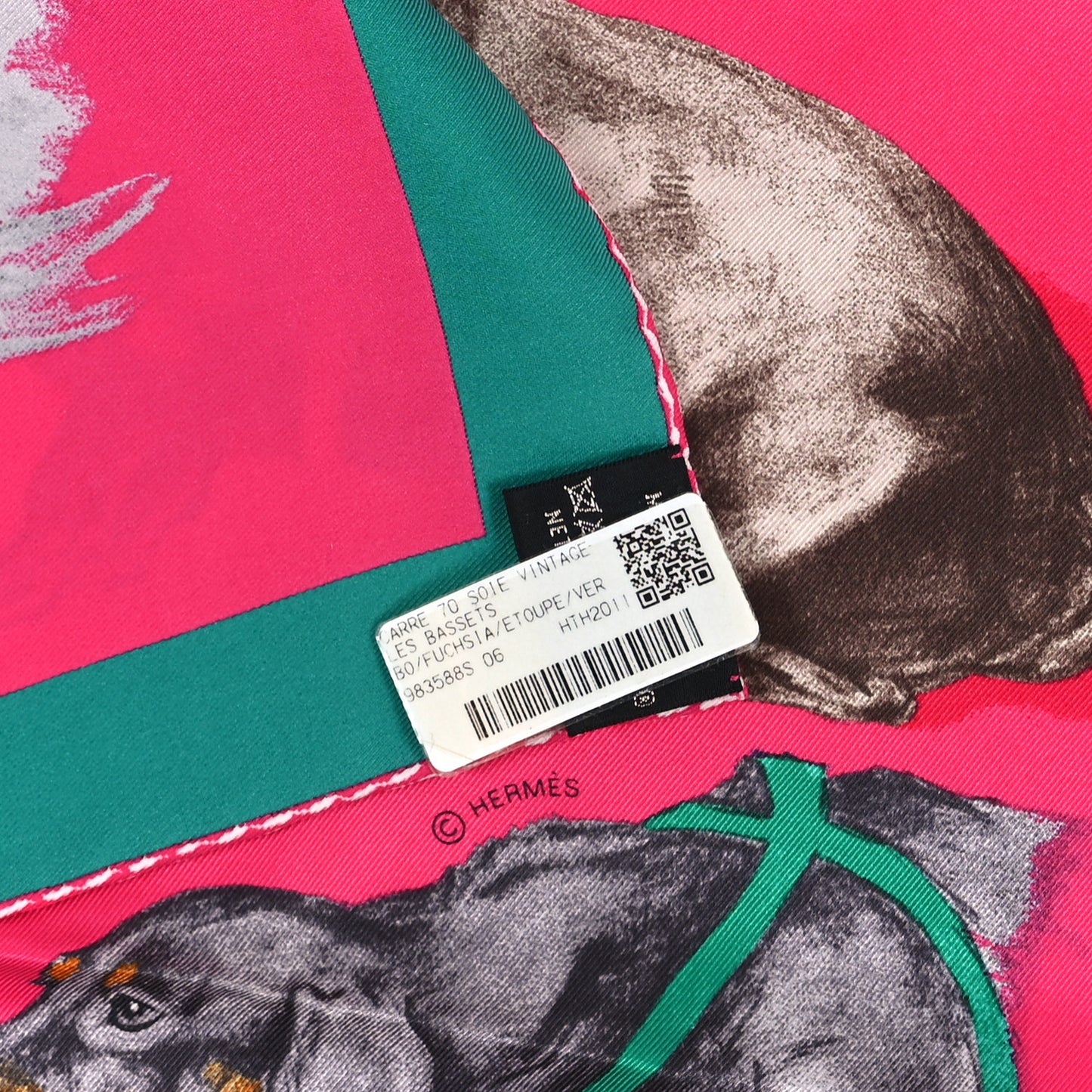 Silk Les Bassets Scarf 70 Fuchsia Etoupe Vert