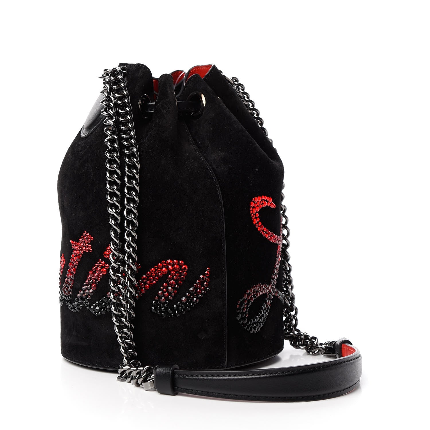 Christian Louboutin Suede Crystal Marie Jane Bucket Black Red 3 of 8