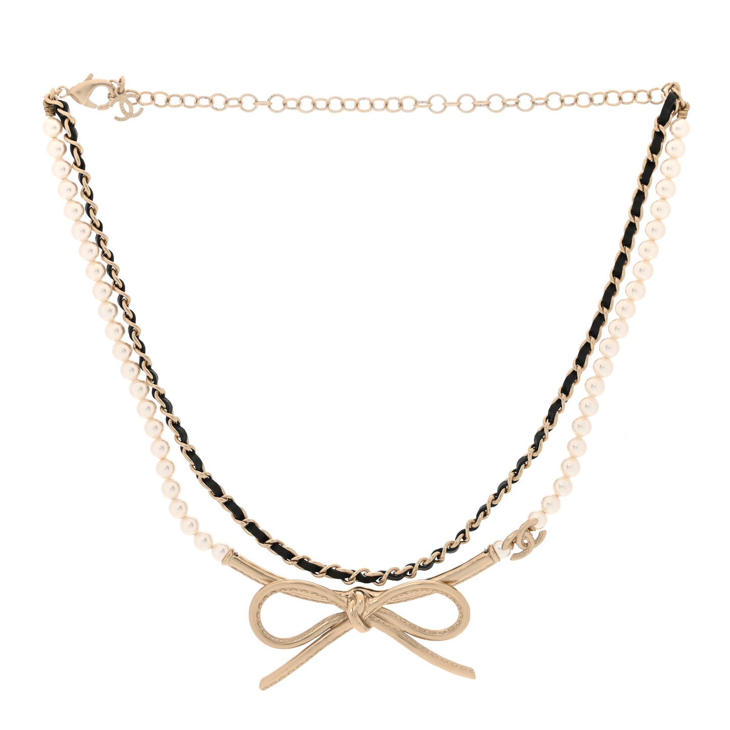 Calfskin Pearl Metal CC Bow Necklace Gold White Black