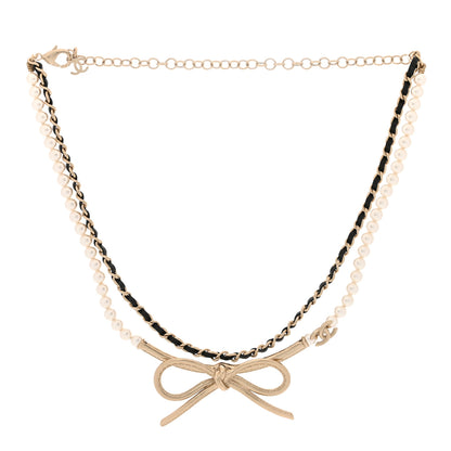 Chanel Calfskin Pearl Metal CC Bow Necklace Gold White Black 3 of 5
