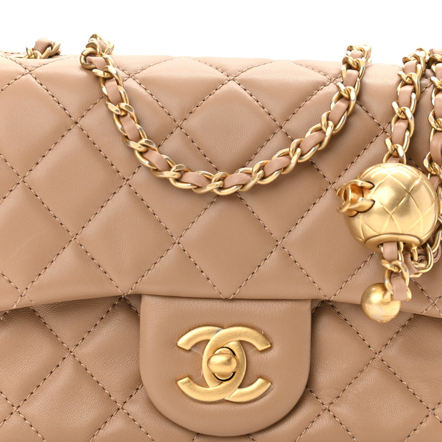Lambskin Quilted Mini Pearl Crush Flap Dark Beige