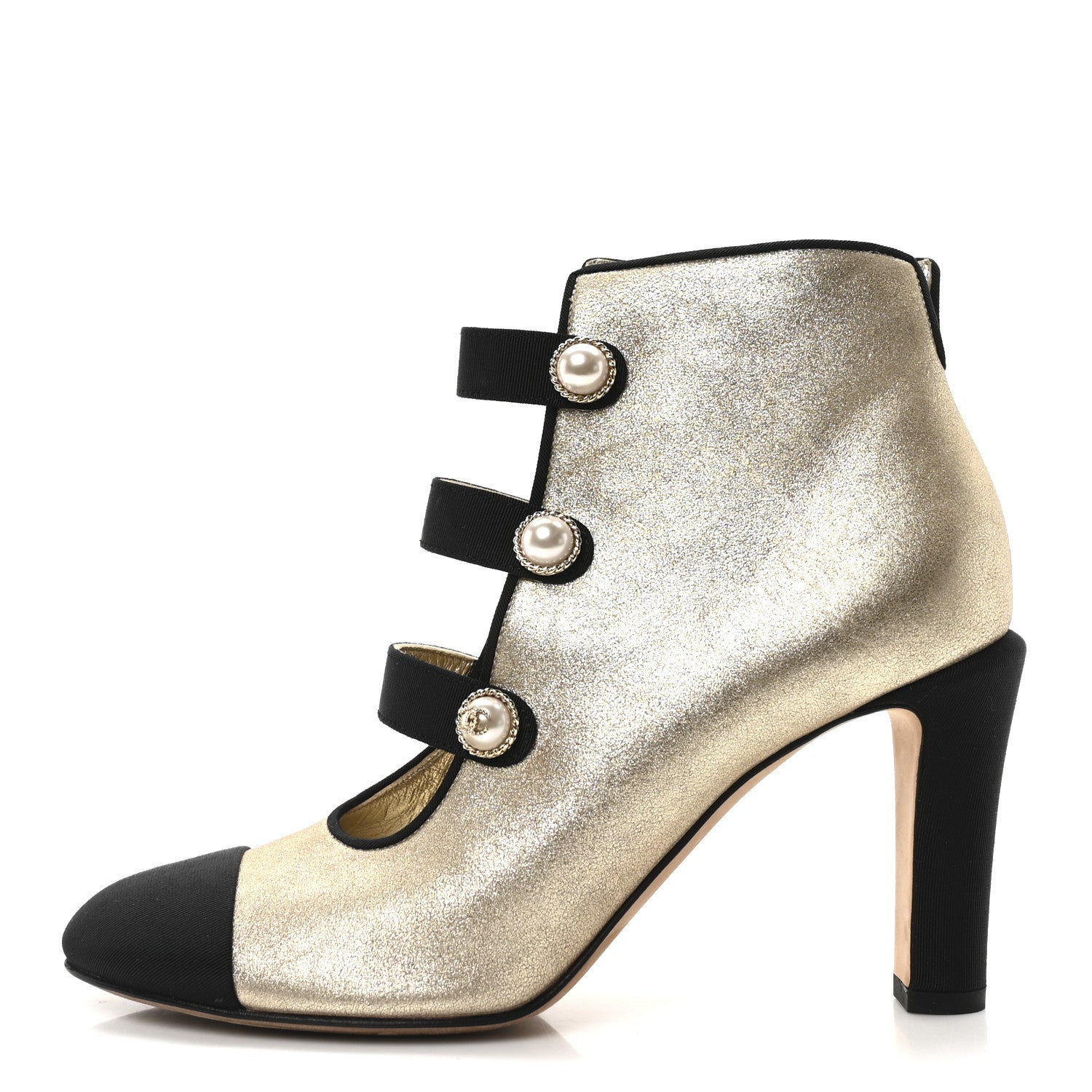 Chanel Metallic Calfskin Grosgrain Cap Toe Pearl Ankle Boots 36.5 Gold 1 of 8