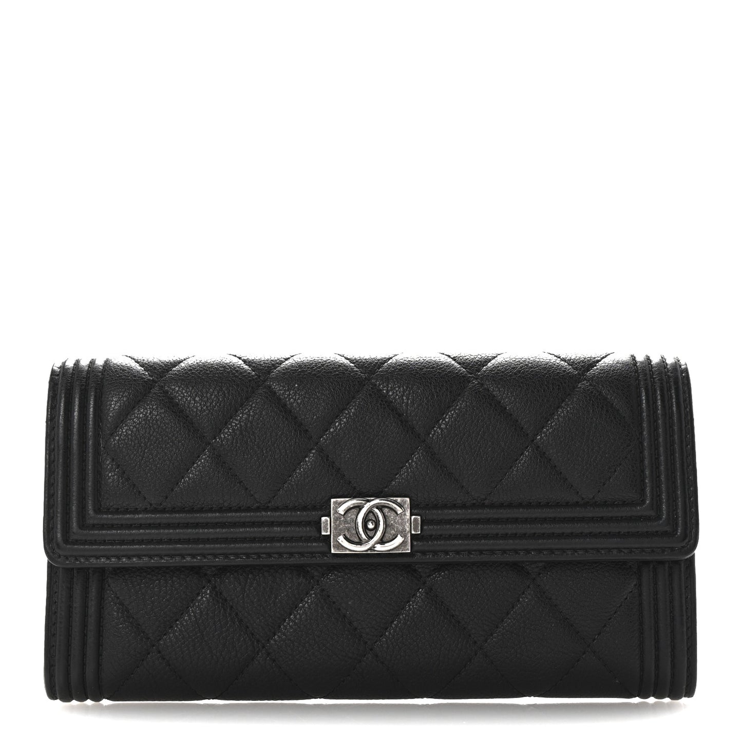 Calfskin Quilted Large Boy Gusset Flap Wallet Black