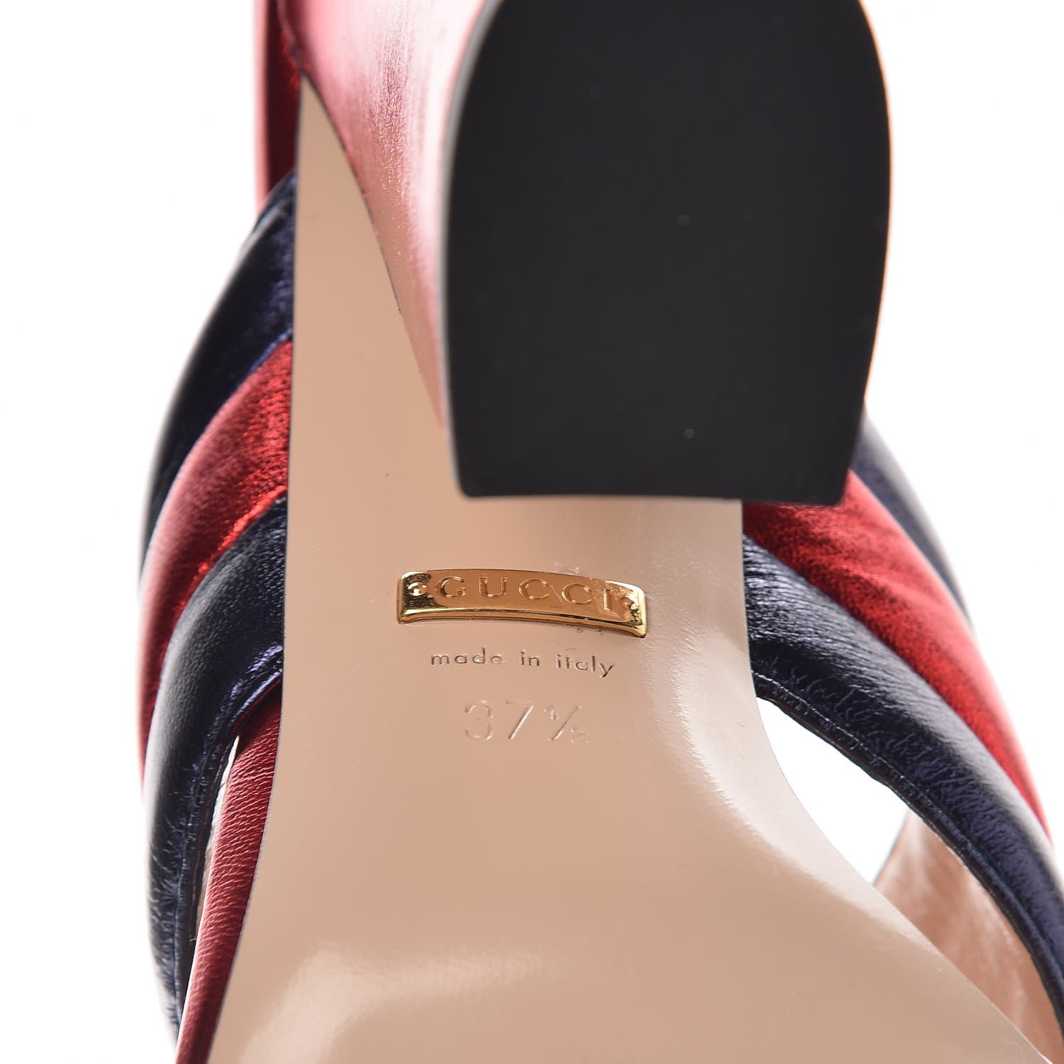 Gucci Metallic Nappa Webby Crossover High Heel Slide Sandals 37.5 Night Flame Red 6 of 10