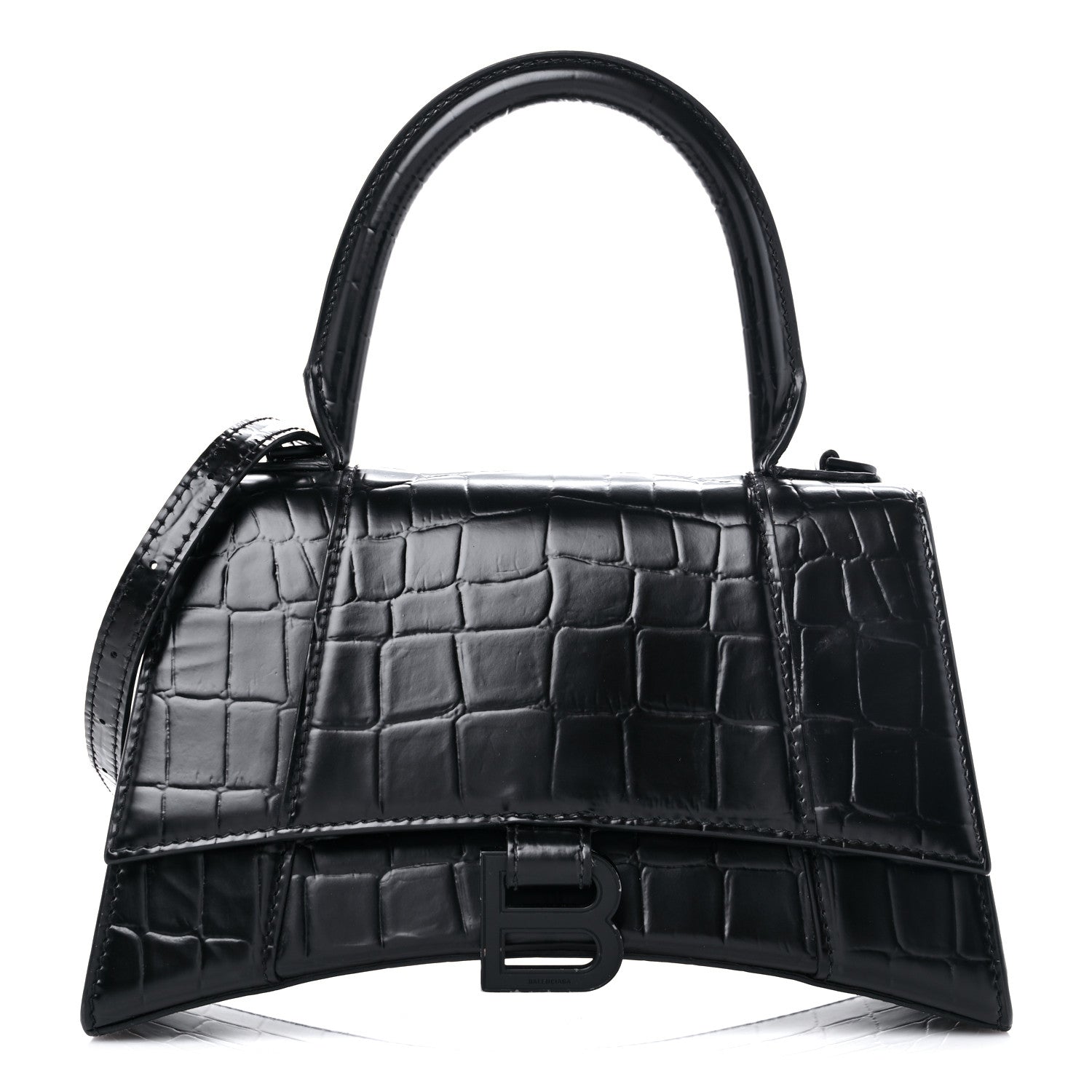 Balenciaga Shiny Calfskin Monochrome Crocodile Embossed Small Hourglass Top Handle Bag Black 1 of 15