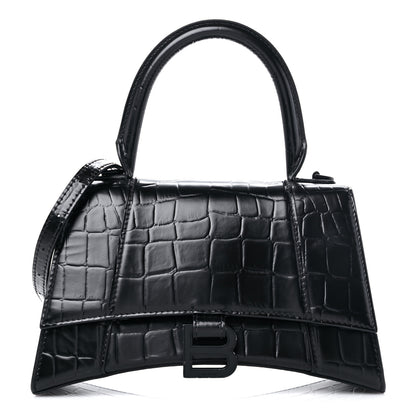 Balenciaga Shiny Calfskin Monochrome Crocodile Embossed Small Hourglass Top Handle Bag Black 1 of 15