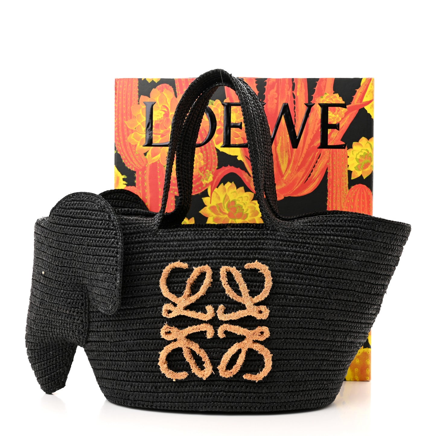 Raffia Medium Elephant Basket Tote Bag Black