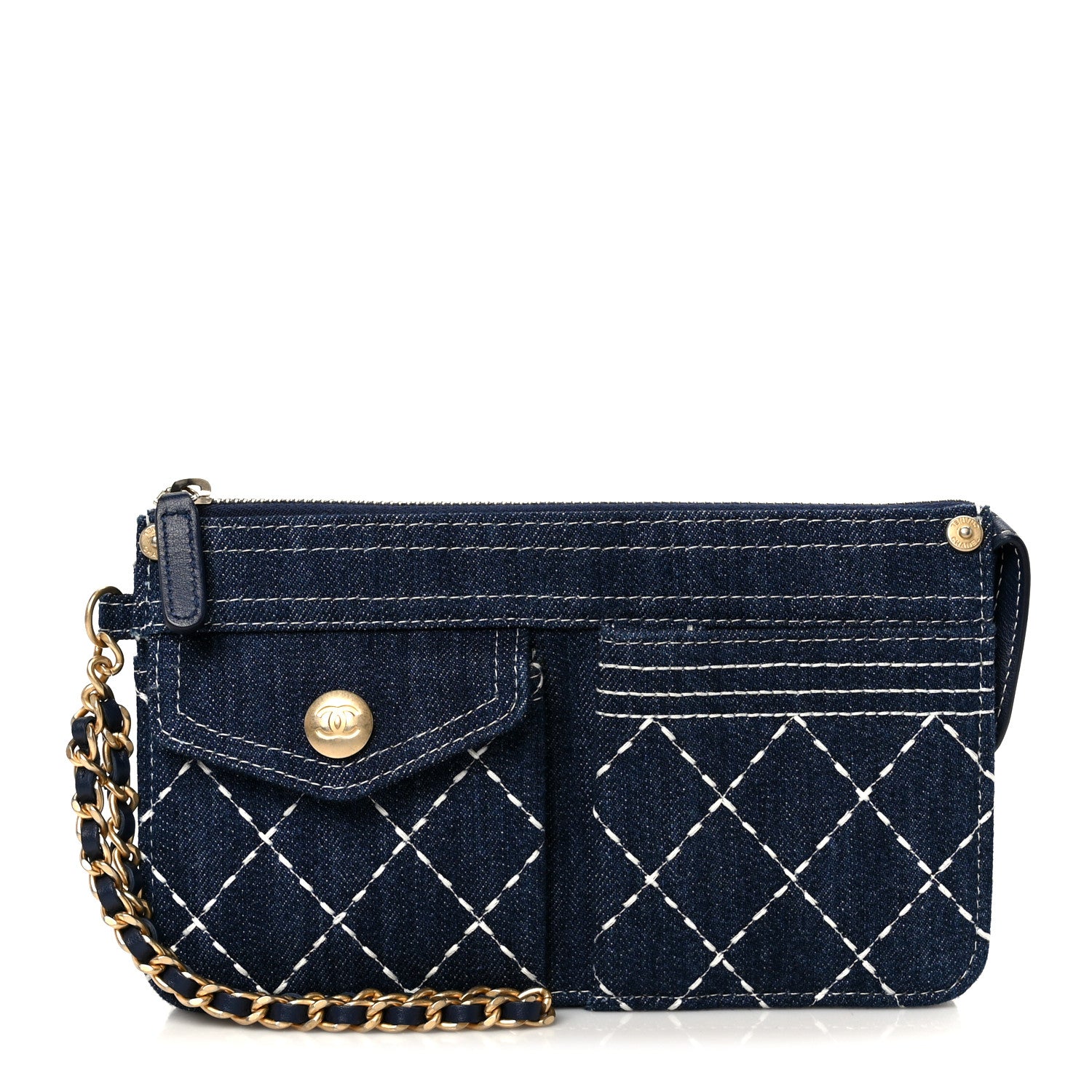 Chanel Denim Quilted Zipped Wristlet Clutch Blue 1 of 10