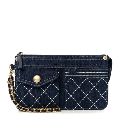 Chanel Denim Quilted Zipped Wristlet Clutch Blue 1 of 10