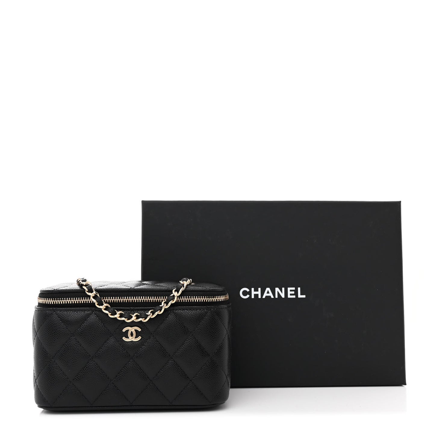 Caviar Quilted Small Vanity Case With Chain Black