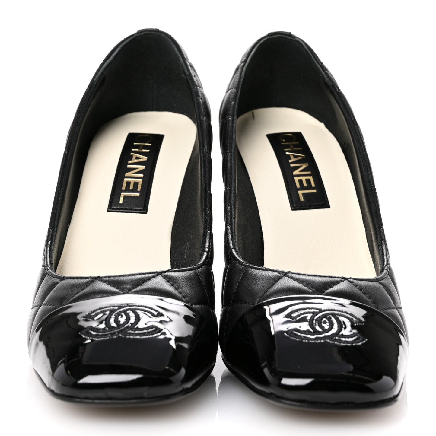 Lambskin Patent Quilted CC Cap Toe Pumps 38 Black
