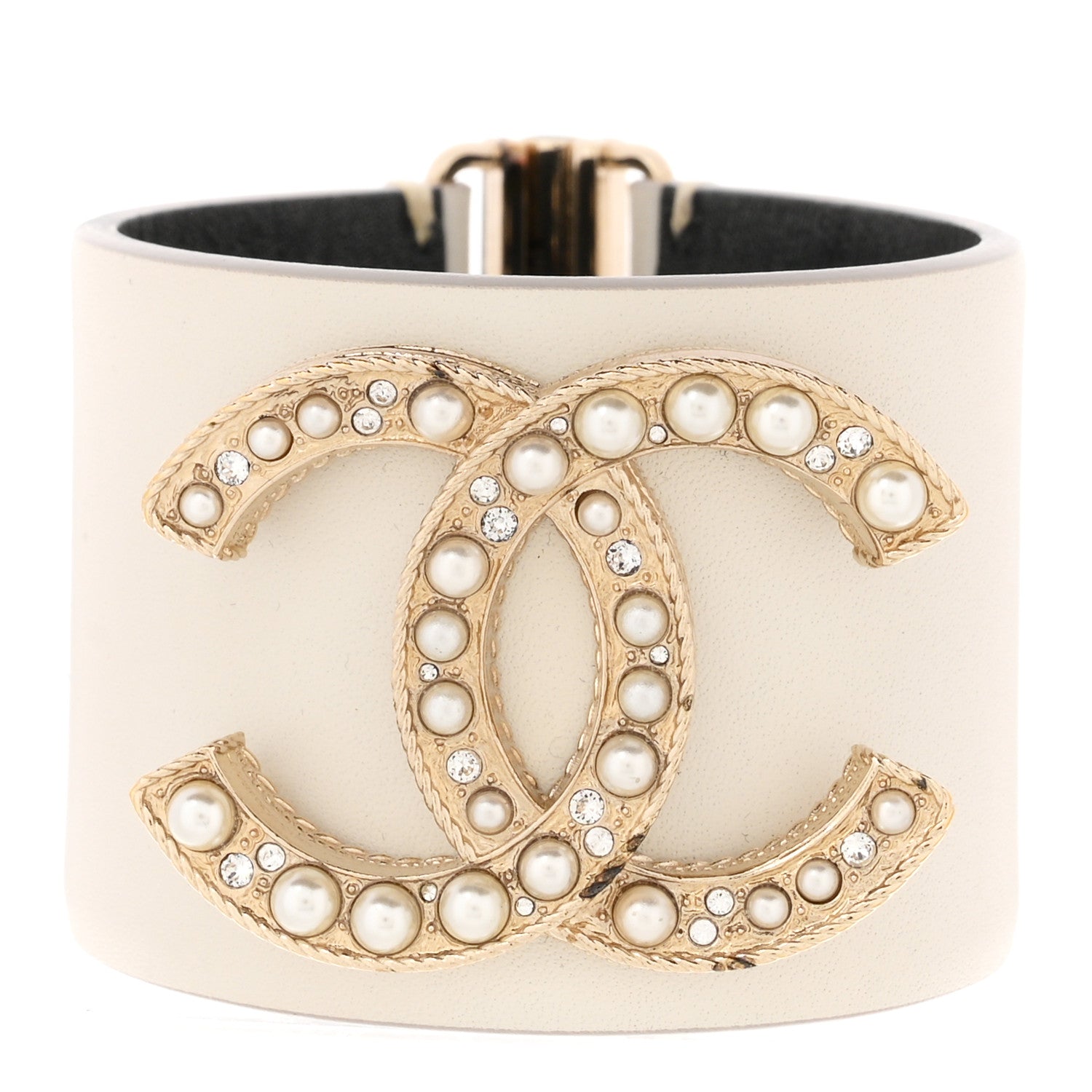 Chanel Calfskin Crystal Pearls Coronation Cuff M White 1 of 5