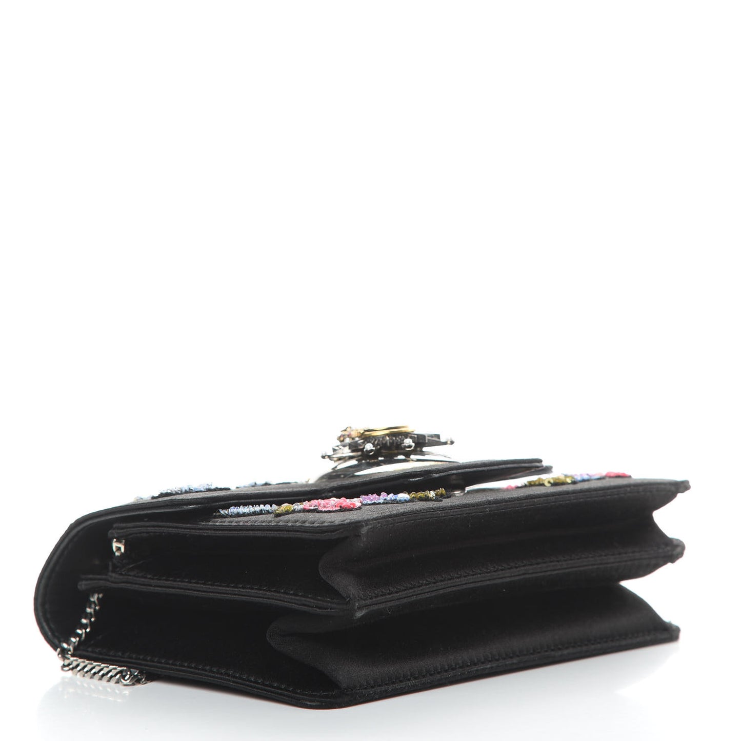 Satin Floral Embroidered Mini Insignia Flap Black