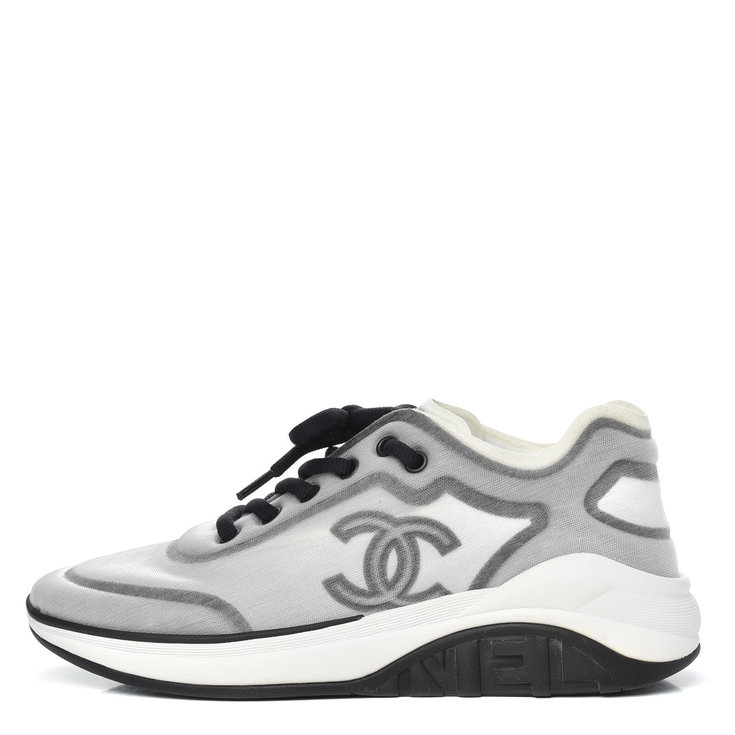 Chanel Calfskin Mesh Lycra Womens Logo Sneakers 38.5 White Black 1 of 8