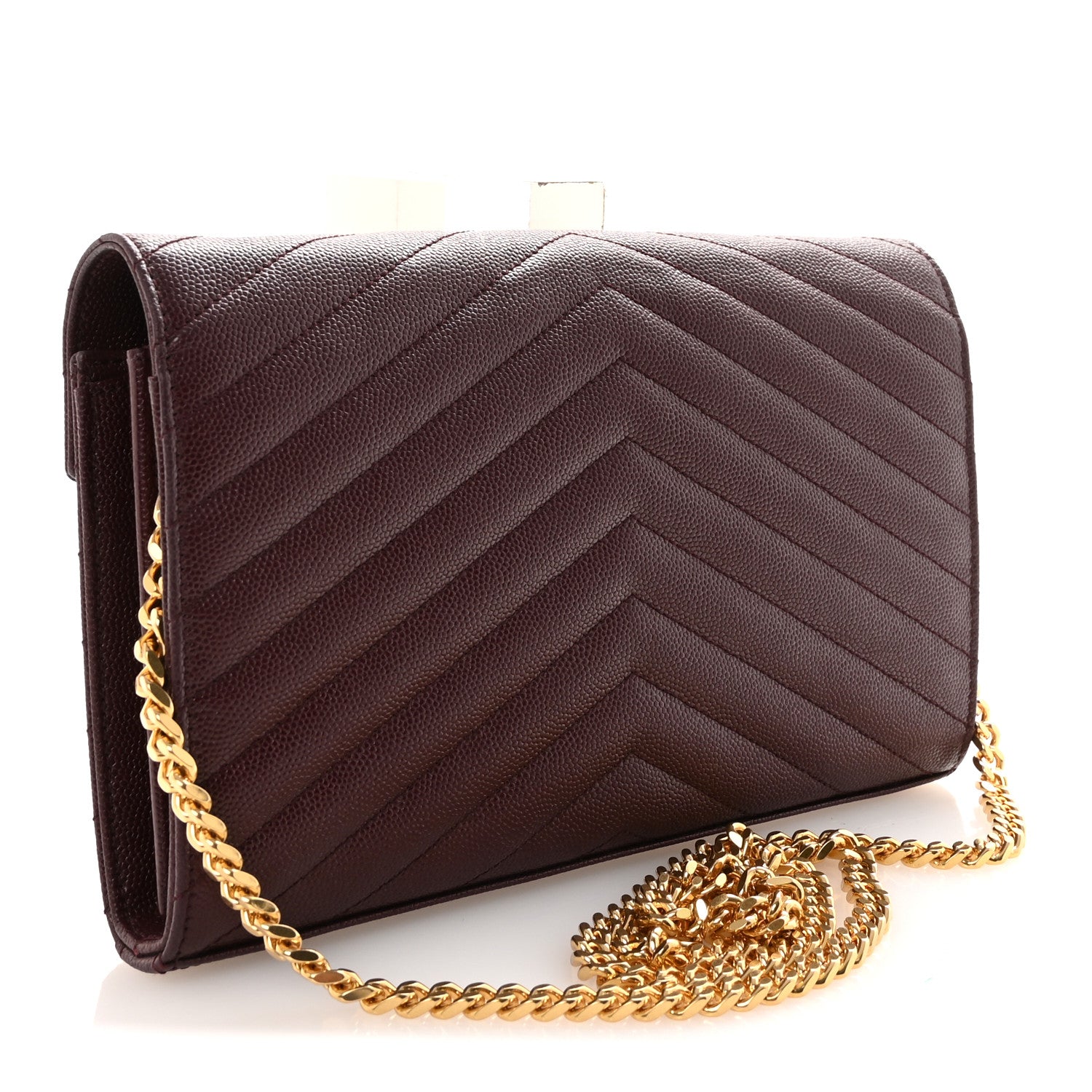 Saint Laurent Grain De Poudre Matelasse Chevron Monogram Chain Wallet Rouge Legion 3 of 10