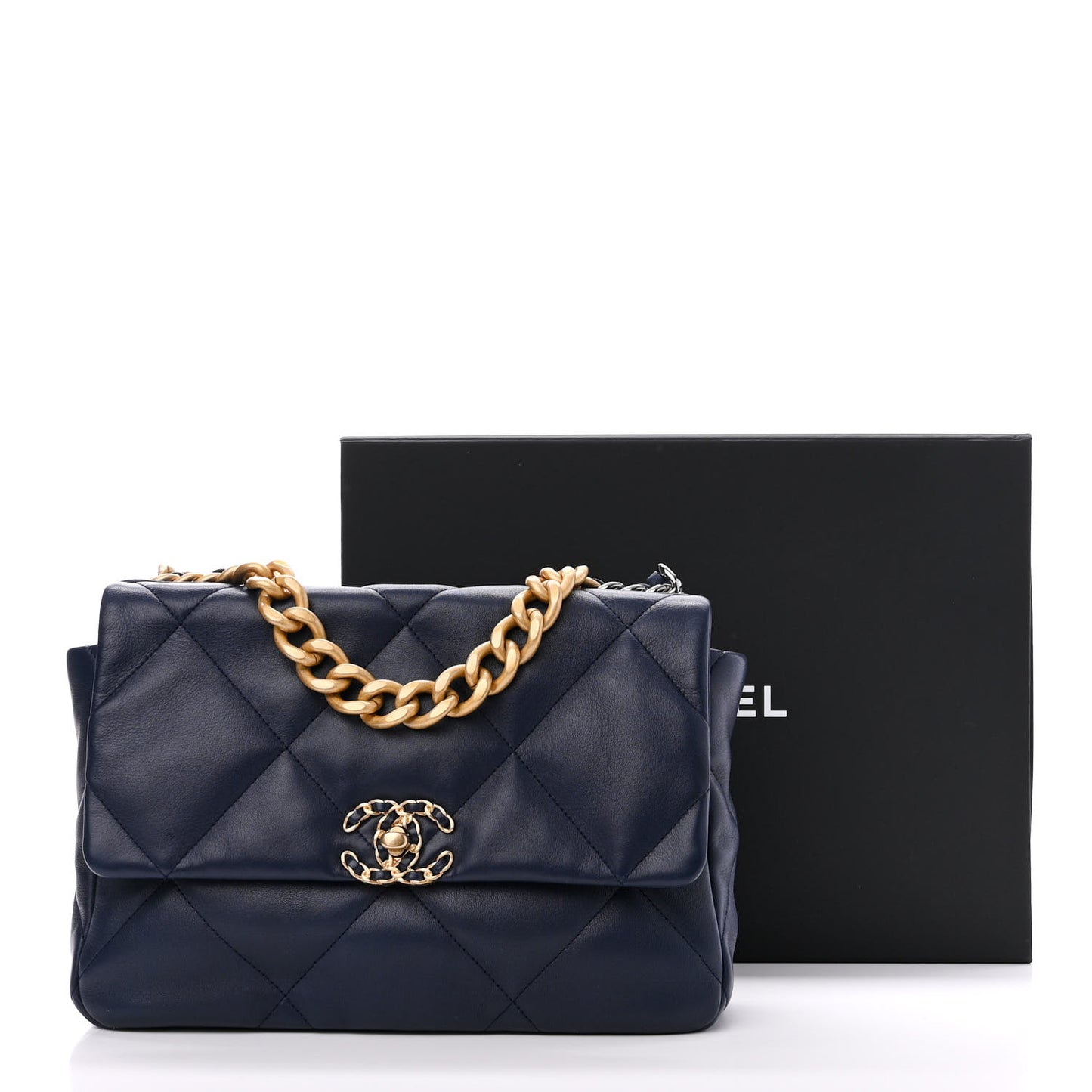 Lambskin Quilted Large Chanel 19 Flap Navy Blue