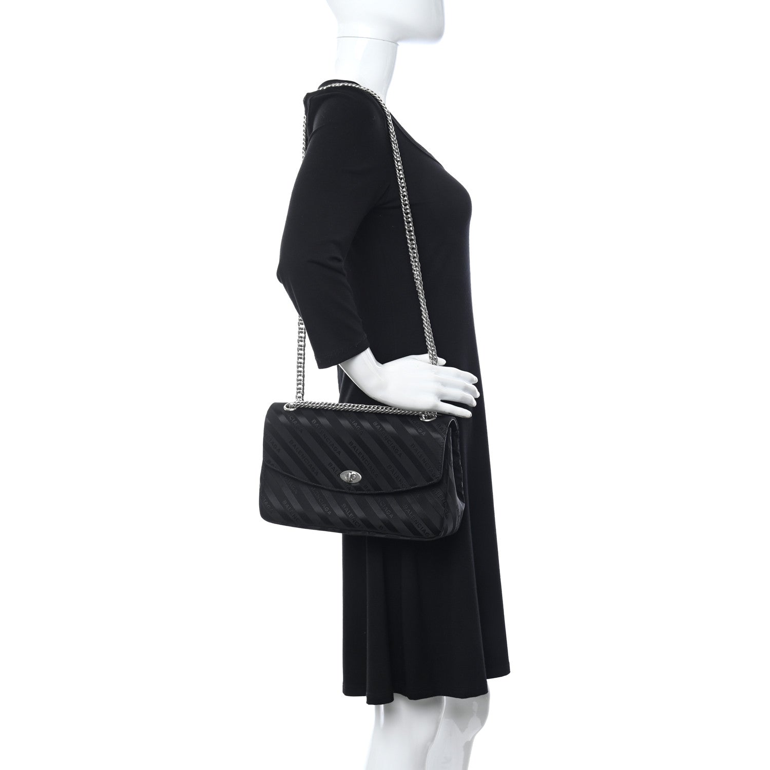 Balenciaga Nylon Jacquard Diagonal Logo Medium Scarf Lock Chain Shoulder Bag Black Red 2 of 9