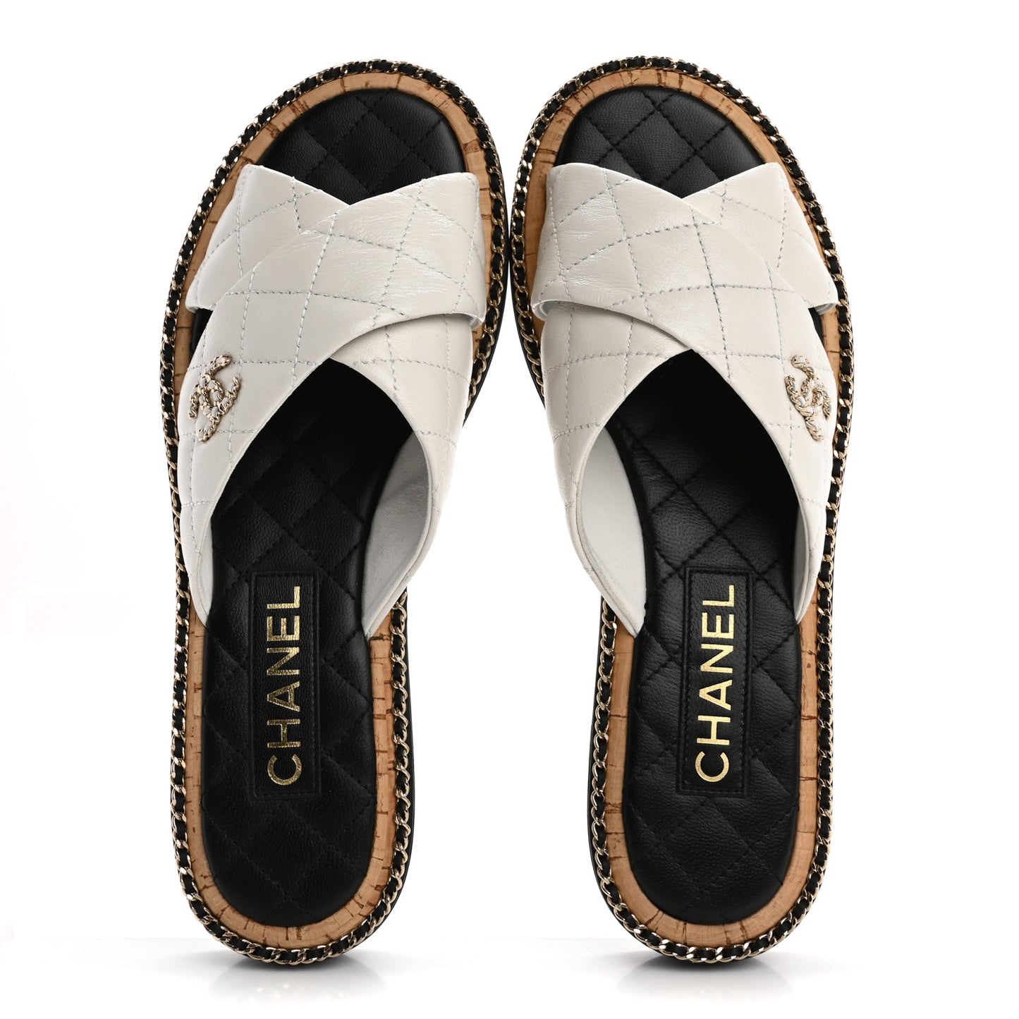 Lambskin Quilted Chain CC Sandals 39 White