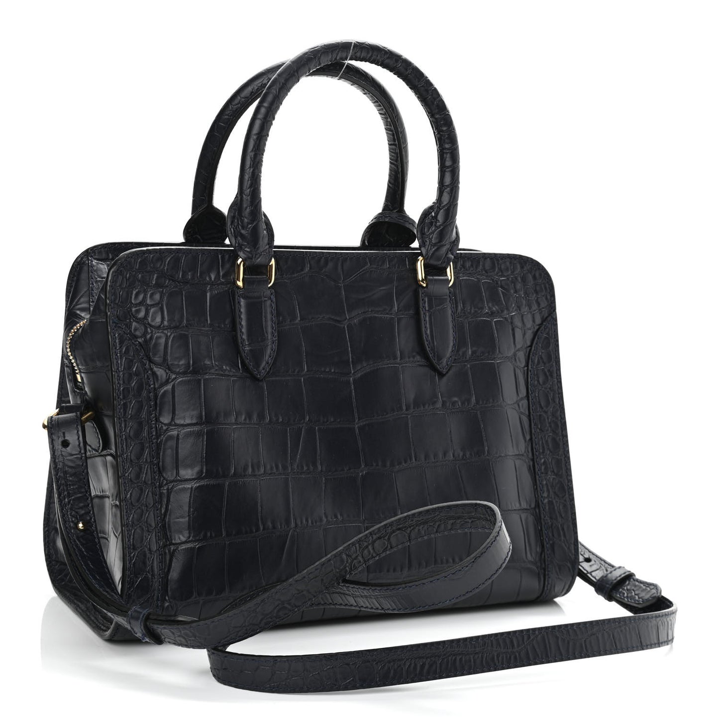 Calfskin Crocodile Embossed Small Skull Padlock Zip Around Tote Navy Blue