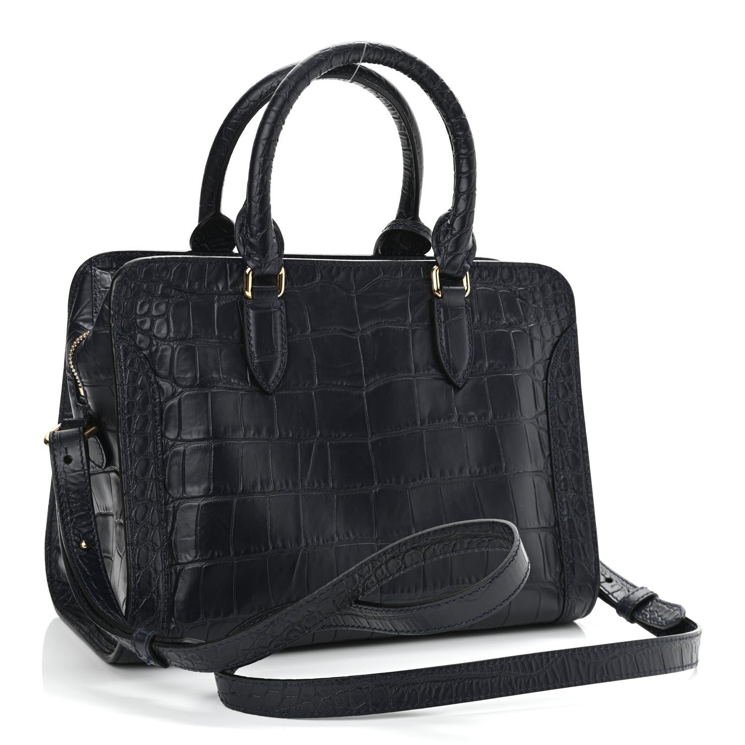 Alexander McQueen Calfskin Crocodile Embossed Small Skull Padlock Zip Around Tote Navy Blue 4 of 12