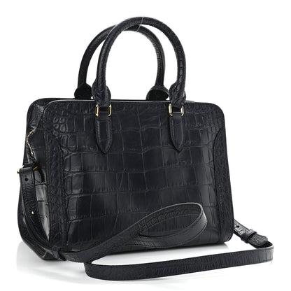 Alexander McQueen Calfskin Crocodile Embossed Small Skull Padlock Zip Around Tote Navy Blue 4 of 12