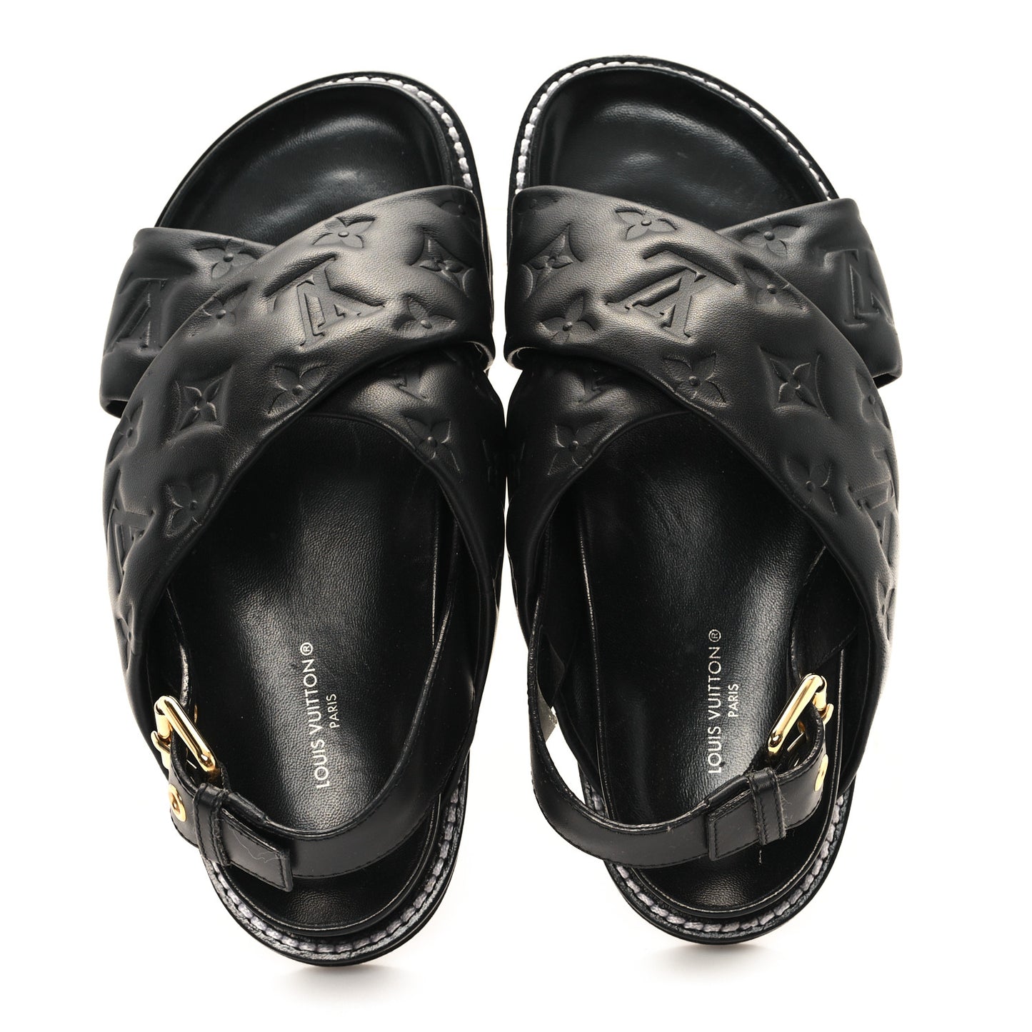Lambskin Monogram Embossed Paseo Flat Comfort Sandals 36 Black